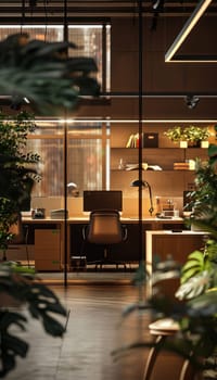Modern office setting featuring minimalist desks complemented by mocha mousse stationery and soft ambient lighting. natural plants create a refreshing and inspiring workspace, simplicity and elegance in design.