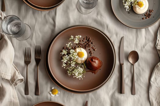 A sophisticated table setting featuring mocha mousse-colored plates, artfully arranged gourmet dishes, and matching linen napkins. the inviting setup includes sleek cutlery and glassware, creating an upscale dining atmosphere.