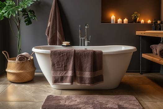Luxurious spa scene featuring a freestanding bathtub surrounded by soothing mocha mousse towels. warm lighting and natural elements create a tranquil, inviting atmosphere, perfect for relaxation and rejuvenation in a serene environment.