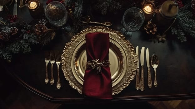 Christmas tablescape decoration, formal family dinner holiday celebration, luxury table setting decor, English country and home style idea
