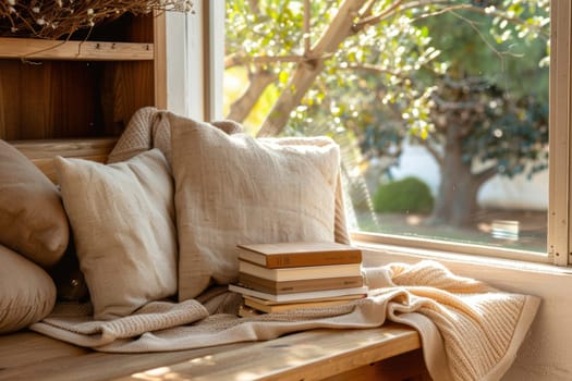 A tranquil reading nook by a window features mocha mousse cushions, a beige blanket, and a stack of books. the stylish wooden bench enhances the cozy atmosphere, perfect for unwinding and enjoying a good read in natural light.