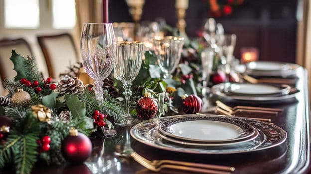 Christmas tablescape decoration, formal family dinner holiday celebration, luxury table setting decor, English country and home style idea