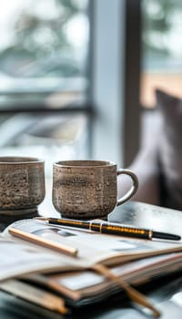 Mocha mousse-colored coffee mugs set on a chic office desk, surrounded by open notebooks and pens. the scene is perfect for illustrating a productive and stylish work environment, ideal for design projects and modern office themes.