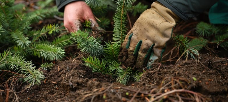 Hands in mocha mousse gloves gently plant a small evergreen tree in rich soil, the tactile nature of gardening. surrounding greenery adds depth, emphasizing themes of nature, growth, and environmental preservation.