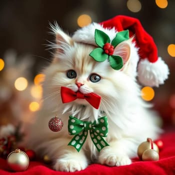 white fluffy cute beautiful cat sits in red hat,a Christmas tree with toys, holiday new year, domestic animals pet. High quality photo