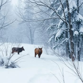 Winter wildlife nature snow trees weather white brown blue sky background . High quality photo