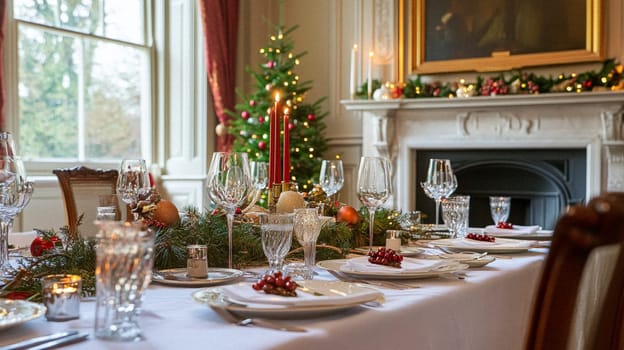 Christmas tablescape decoration, formal family dinner holiday celebration, luxury table setting decor, English country and home style idea