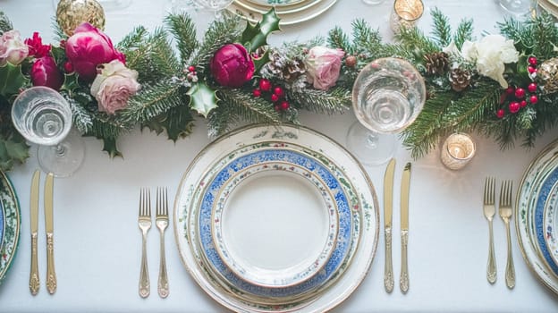 Christmas tablescape decoration, formal family dinner holiday celebration, luxury table setting decor, English country and home style idea