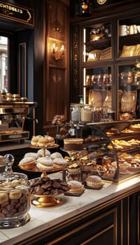 Elegant coffee shop counter showcasing gourmet mocha mousse, fresh pastries, and sophisticated golden accents. ideal for use in marketing materials, this stylish setup highlights luxury and sophistication in cafe ambiance design.