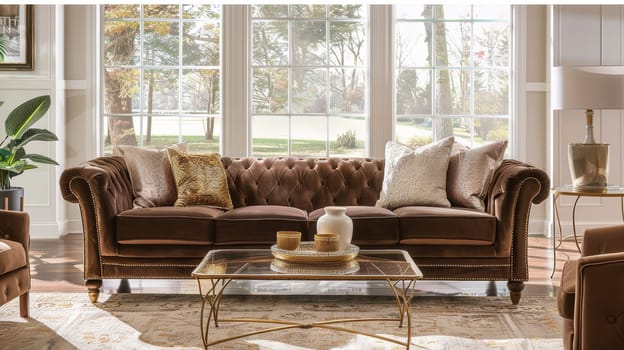 Luxurious living room featuring a mocha mousse velvet sofa with gold and cream pillows, creating a sophisticated ambiance. a soft beige rug lies beneath a sleek glass coffee table, while ample natural light floods through large windows.