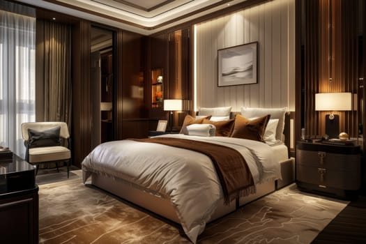 Luxurious bedroom features mocha mousse velvet pillows, crisp white sheets, and a stylish headboard. the warm ambient lighting creates a cozy atmosphere, enhanced by surrounding green plants, offering an inviting and elegant sanctuary.