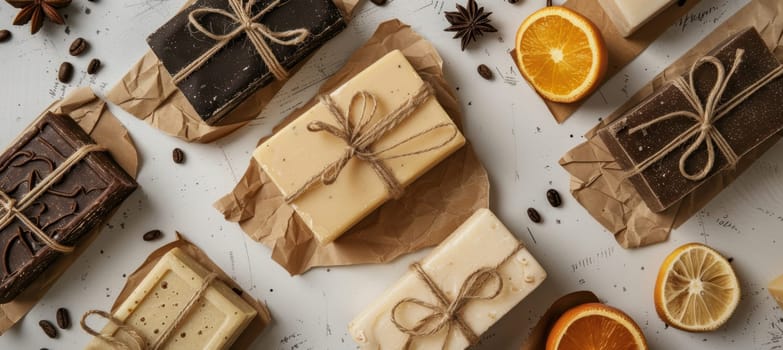 Artisanal soap bars in mocha mousse tones, elegantly wrapped in sustainable kraft paper and twine. arranged on a wooden surface, they embody rustic charm and eco-consciousness, ideal for natural skincare enthusiasts and gift-giving.