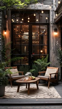 Cozy outdoor patio showcases mocha mousse lounge chairs around a wooden coffee table, adorned with potted plants. warm evening lighting casts an inviting glow, creating a perfect setting for relaxation and intimate gatherings.