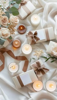 Elegant wedding favors featuring mocha mousse, complemented by lit candles and personalized thank you notes. set against a sophisticated backdrop, perfect for adding charm to weddings and special celebrations.