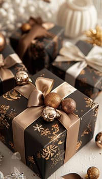 Elegant gift boxes wrapped in mocha mousse paper adorned with luxurious satin ribbons, complemented by small gold ornaments and shimmering fairy lights. ideal for holiday gift ideas, festive decor inspiration, or promotional material.