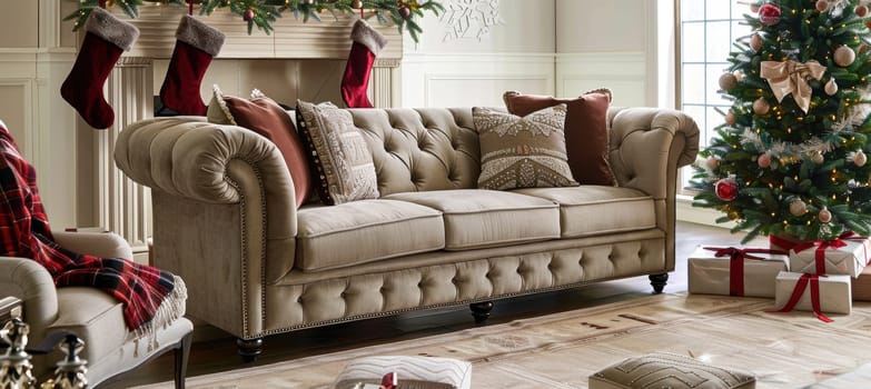 A festive christmas-themed living room featuring a mocha mousse sofa, vibrant decorated christmas tree, and stockings hanging on a beige mantelpiece. gifts wrapped in elegant paper sit beneath the tree, creating a warm holiday atmosphere.
