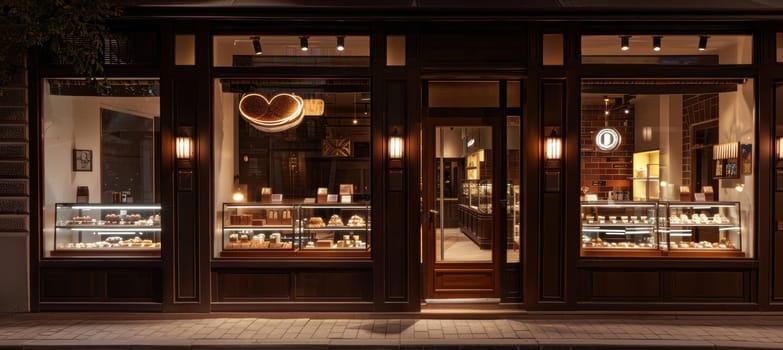 Boutique storefront showcases mocha mousse displays in the window, highlighted by elegant signage and warm ambient lighting. the interior features modern design elements, plants, and shelves of products, creating an inviting atmosphere.