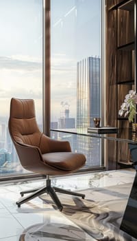 Luxurious office setup featuring a mocha leather chair and sleek glass desk, overlooking a stunning city skyline from a high-rise building, offering an inspirational environment for productivity and design.