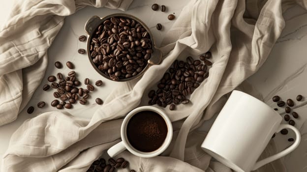 Artisanal mocha mousse coffee scene with coffee beans, a grinder, a white mug, and a soft linen cloth. perfect for culinary or coffee-themed branding, capturing the essence of rich flavors and cozy aesthetics in a flat lay composition.