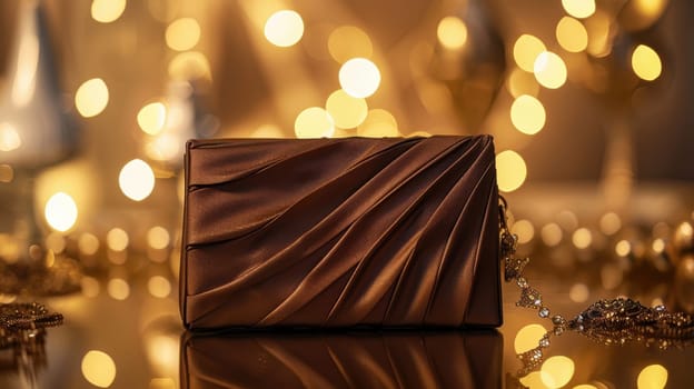 Luxurious mocha mousse clutch bag features a quilted design with gold jewelry accents. set on a glossy surface, complemented by a subtle bokeh background, perfect for fashion presentations, print materials, or modern decor.