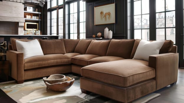 Luxury furniture brand showcases a mocha mousse sectional sofa in a stylish, modern living room setting. neutral tones complement contemporary decor, emphasizing sophistication and comfort. perfect for interior design enthusiasts and home decor.