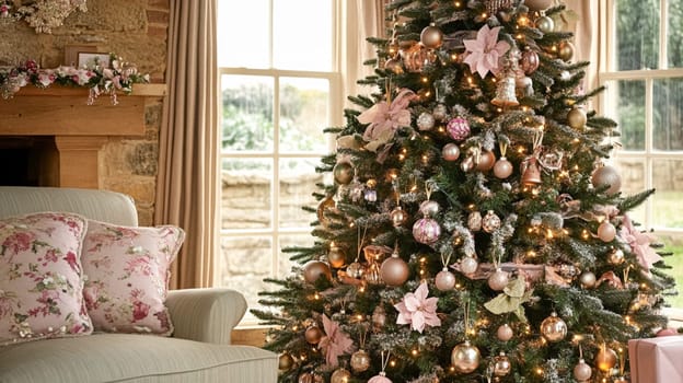 Christmas, holiday decor and country cottage style, cosy atmosphere, decorated Christmas tree in the English countryside house living room with fireplace, interior decoration idea