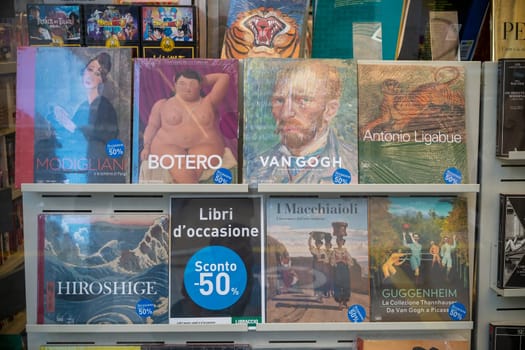 Cremona, Italy - November 27th 2024 Art books by famous painters such as modigliani. Botero. Van gogh. Ligabue. Hiroshige. Macchiaioli and guggenheim