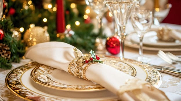Christmas tablescape decoration, formal family dinner holiday celebration, luxury table setting decor, English country and home style idea