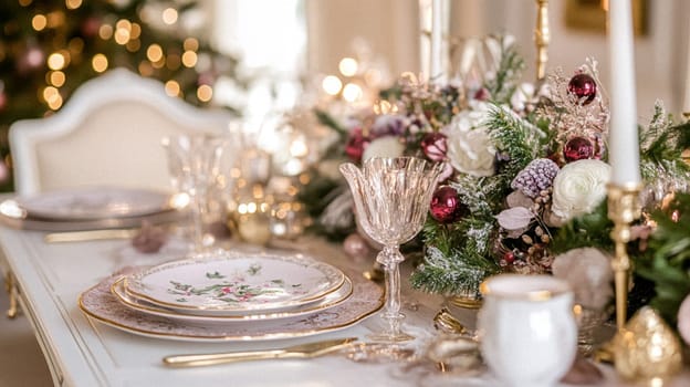 Christmas tablescape decoration, formal family dinner holiday celebration, luxury table setting decor, English country and home style idea