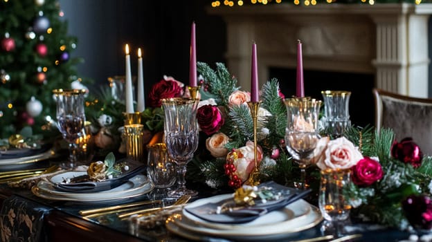 Christmas tablescape decoration, formal family dinner holiday celebration, luxury table setting decor, English country and home style idea