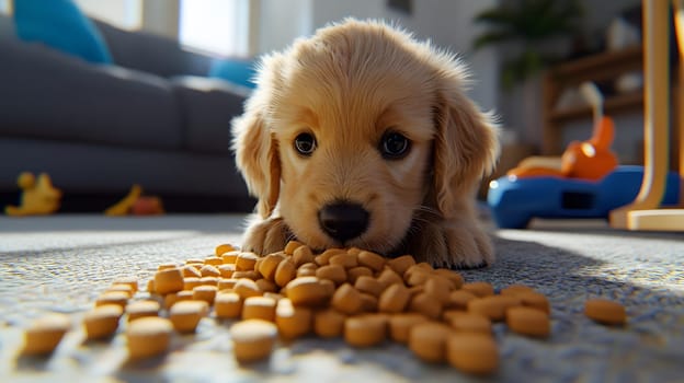 A golden retriever puppy with food scattered around, looking curious.