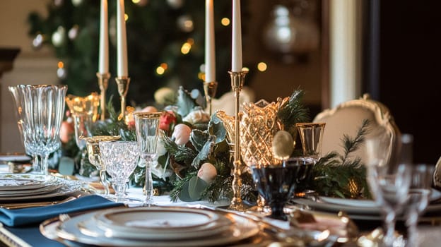 Christmas tablescape decoration, formal family dinner holiday celebration, luxury table setting decor, English country and home style idea