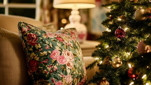 Christmas, holiday decor and country cottage style, cosy atmosphere, decorated Christmas tree in the English countryside house living room with fireplace, interior decoration idea