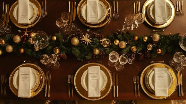 Christmas tablescape decoration, formal family dinner holiday celebration, luxury table setting decor, English country and home style idea