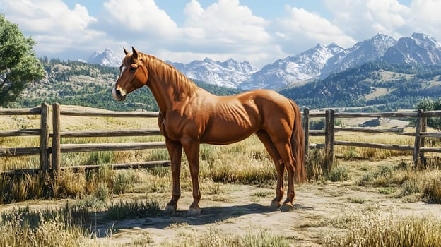 A brown horse stands in a scenic landscape with mountains.