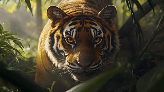 A close-up of a tiger in a lush jungle setting.
