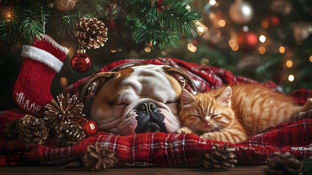 A cozy dog and cat sleeping together by a Christmas tree.