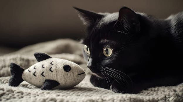 A curious black cat gazes at a toy fish on a cozy surface.