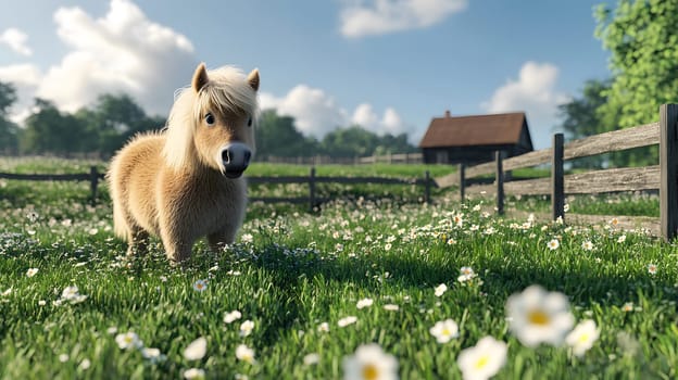 A cute pony stands in a flower-filled meadow near a rustic cabin.