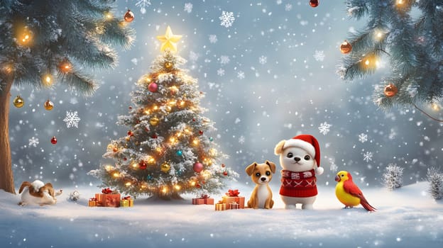 A festive scene with animals and a decorated Christmas tree.