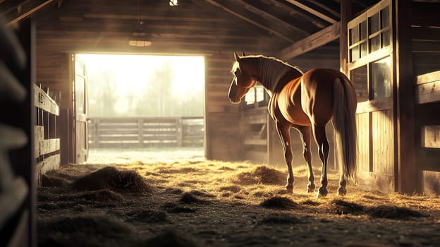 A horse stands in a sunlit barn filled with hay.