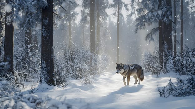 A lone wolf stands in a snowy forest, surrounded by tall trees.