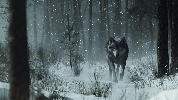A lone wolf walks through a snowy forest in a serene winter landscape.