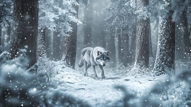 A lone wolf walks through a snowy forest, creating a serene atmosphere.