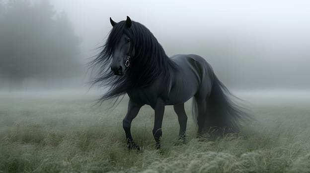 A majestic black horse stands in a misty field.