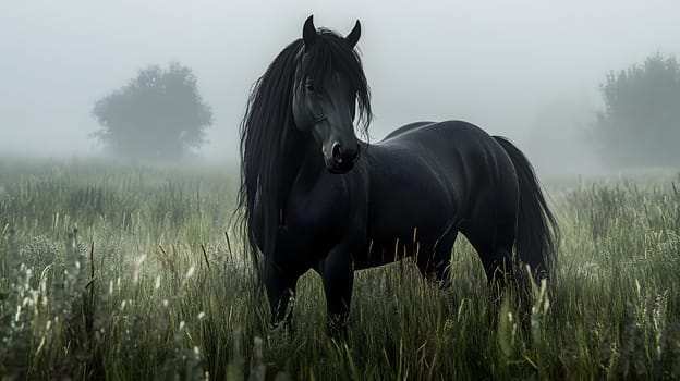 A majestic black horse stands in a misty field at dawn.