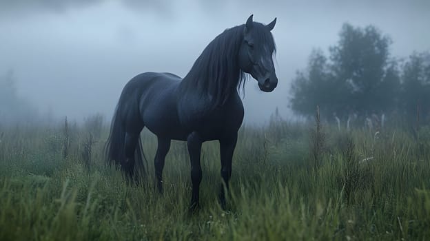 A majestic black horse stands in a misty, serene landscape.