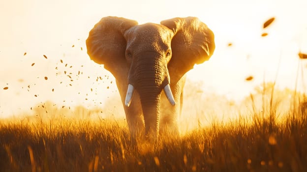 A majestic elephant walking through tall grass at sunset.