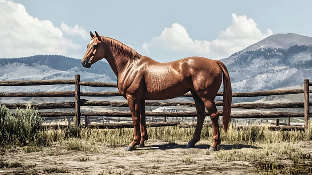 A majestic horse stands in a natural landscape with mountains.