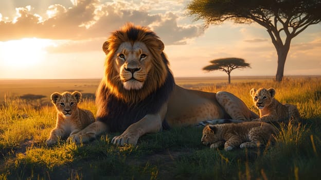 A majestic lion rests with its cubs in a serene savanna landscape.